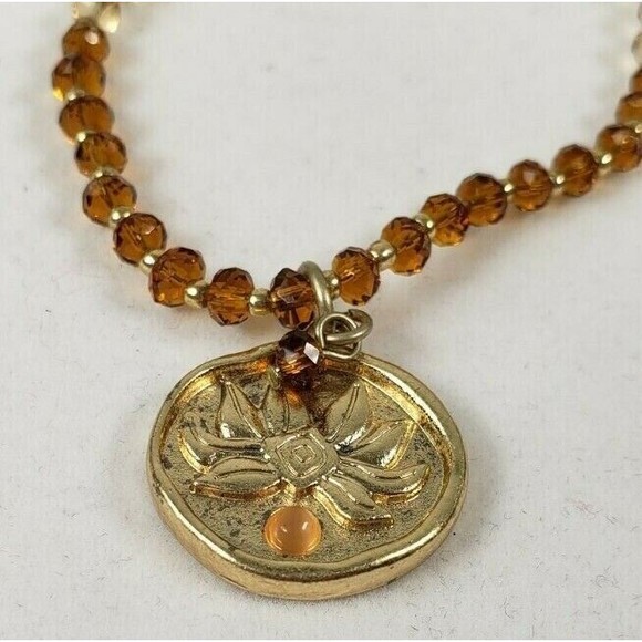 Coldwater Creek Necklace Yellow & Gold Tone Beaded Stamped Floral Pendant 19" - Picture 10 of 10